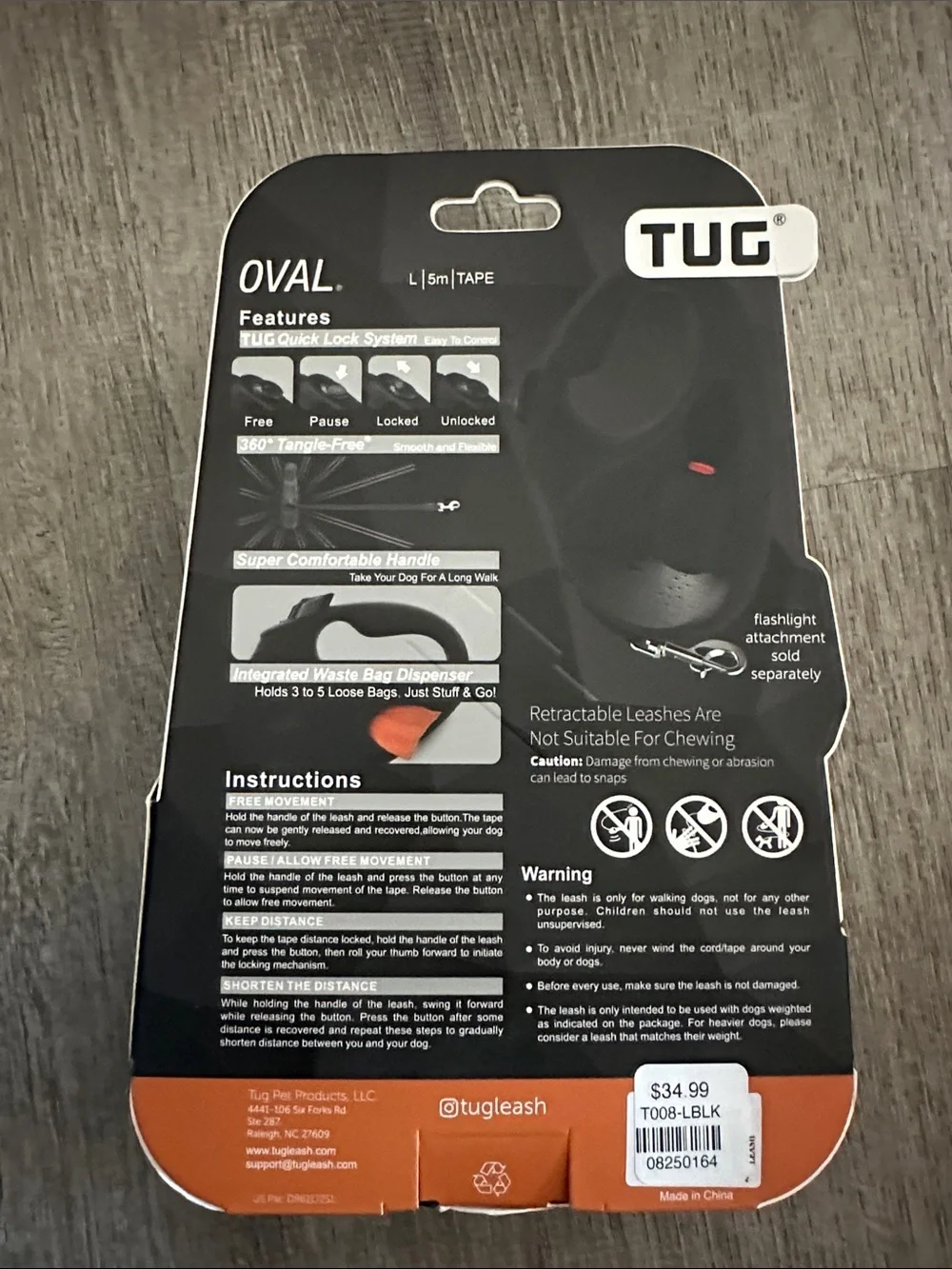 Oval Retractable Leash - Black (Large)